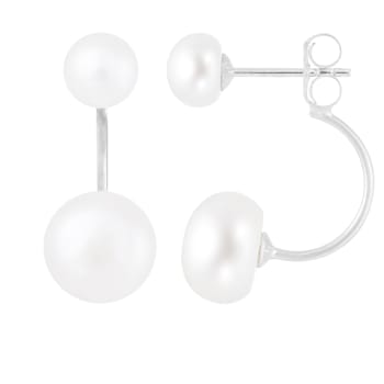 6-10mm White Cultured Freshwater Pearl Rhodium Over Sterling Silver Earrings