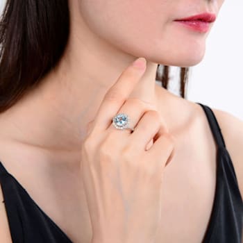 Blue and White Topaz Sterling Silver Halo Ring, 2.94ctw