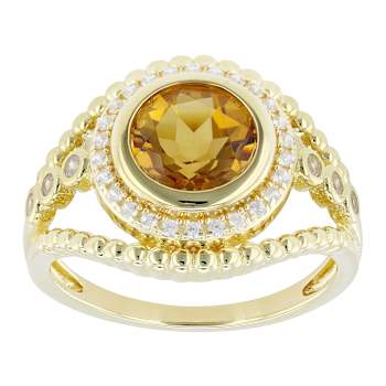 Citrine Round And White Zircon Ring In 18K Gold Over Sterling Silver 2.25ctw