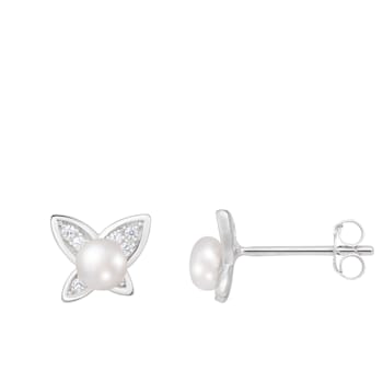 White Cultured Freshwater Pearl and CZ Rhodium Over Sterling Silver
4-5mm Button Earrings