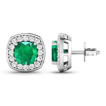 1.92ctw 14K White Gold  Zambian Green Emerald and White Diamond Halo Earrings
