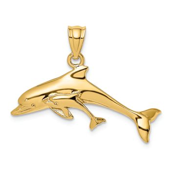14k Yellow Gold Polished Dolphin and Baby Charm