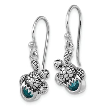 Rhodium Over Sterling Silver Blue Crystal Hatching Turtle Dangle Earrings