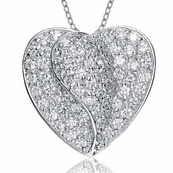 CZ Pave Heart Pendant Necklace In Sterling Silver 12 Inch