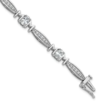 Rhodium Over Sterling Silver Cubic Zirconia Mom with Safety Clasp Bracelet
