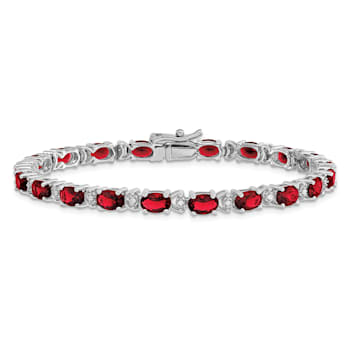 Rhodium Over 14k White Gold Oval Lab Created Ruby and Diamond Bracelet