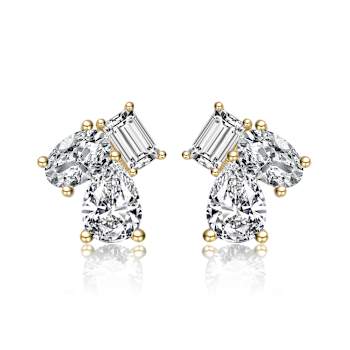 CZ Three-Stone Cluster Stud Earrings In 14K Gold Over Sterling Silver
