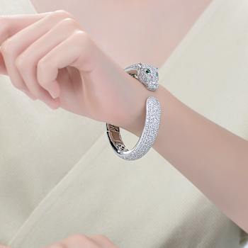 Emerald Color CZ Panther Hinged Cuff Bracelet In Sterling Silver