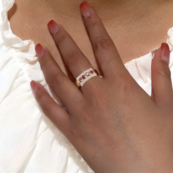 Oval Ruby and Round Moissanite 14K Yellow Gold Over Sterling Silver Wide
Band Ring