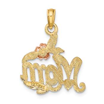 14K Two-tone Gold  Polished Textured MOM and Flower Pendant