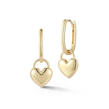 Bellissima Gold 14K Yellow Gold Heart Padlock Charm Oval Huggie Hoop Earrings