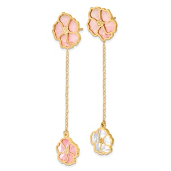 14K Yellow Gold Pink and White MOP Flower Dangle Post Earrings