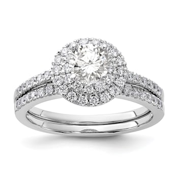 Rhodium Over 14K White Gold Diamond Complete Double Halo Engagement Ring 0.92ctw