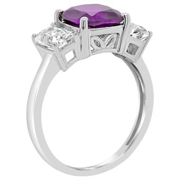 8mm Square Cushion Amethyst And White Topaz Rhodium Over Sterling Silver Ring