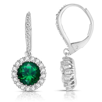Emerald Color CZ Halo Drop Earrings In Sterling Silver