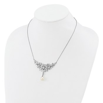 Rhodium Over Sterling Silver Fancy Freshwater Cultured Pearl and Cubic
Zirconia Necklace