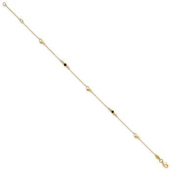 14K Gold Polished/Diamond-cut Heart Lab Created Onyx Beads 9-inch Plus
1-inch Extension Anklet