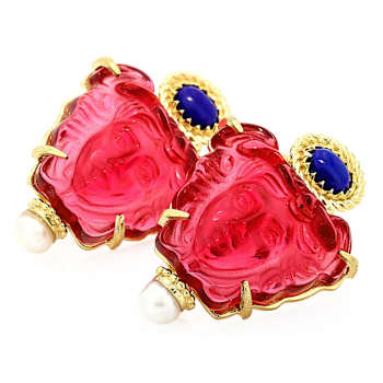 Pink Venetian Glass And Pearl Medusa Cameo Earrings In 18K Gold Over
Sterling Silver