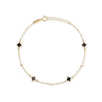Bellissima Gold 14K Yellow Gold Black Enamel Clover and Beaded Station Bracelet