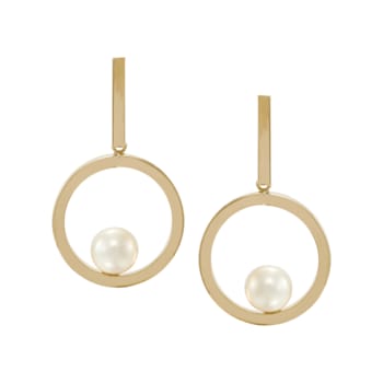 7-7.5mm Button White Freshwater Pearl 14K Yellow Gold Dangle Earrings