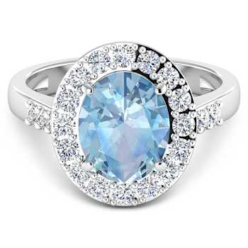 2.5ctw Blue Aquamarine and Diamond 14K White Gold Halo Ring