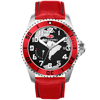 Seapro Men's Voyager Black Dial, Red Bezel, Red Leather Strap Watch