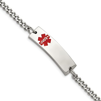Stainless Steel Polished with Red Enamel 8.75-inch Medical ID Bracelet