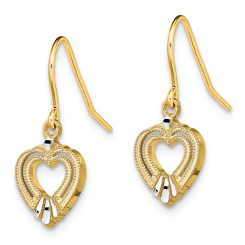 14K Two-tone Gold Polished and Textured Heart Dangle Earrings