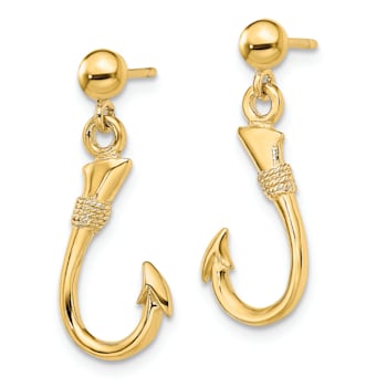 14K Yellow Gold 3D Fish Hook Dangle Earrings