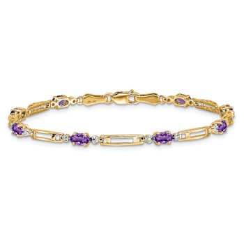10k Yellow Gold and Rhodium Over 10k Yellow Gold Diamond and Amethyst Bracelet