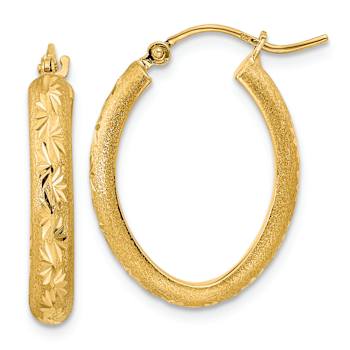 14k Yellow Gold 7/8" Polished Satin and Diamond-Cut Oval Hoop Earrings