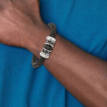 Stainless Steel Antiqued Brushed and Polished Black Ion Plated Leather Bracelet