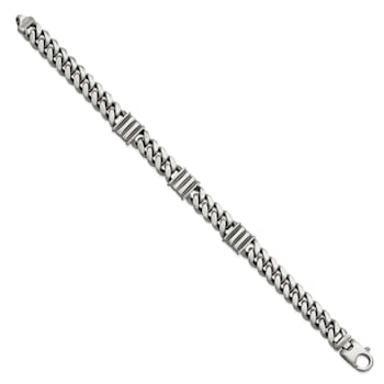 Sterling Silver Mens Antiqued Brushed Curb Bar Bracelet
