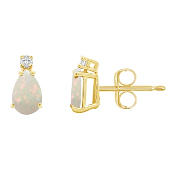 6x4mm Pear Shape Opal with Diamond Accents 14k Yellow Gold Stud Earrings