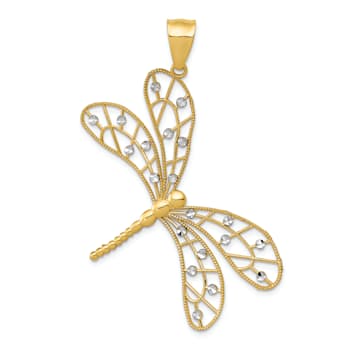 14k Two-tone Gold Polished Diamond-Cut Filigree Dragonfly Pendant