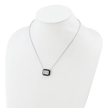 Rhodium Over Sterling Silver Polished Black Enamel and Cubic Zirconia Necklace