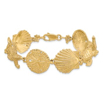 14k Yellow Gold Polished and Textured Sand Dollar, Starfish and Turtle
Link Bracelet