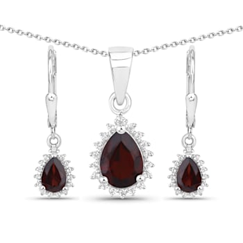Red Garnet and White Topaz Rhodium Over Sterling Silver Necklace and
Earrings 2 Piece Jewelry Set