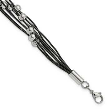 Black Leather and Stainless Steel Polished Beaded Multi-Strand 8-inch Bracelet