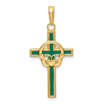 14K Yellow Gold Green Enamel Claddagh Cross Pendant