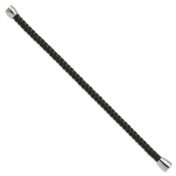 Black Leather and Stainless Steel Polished 8.5-inch Bracelet