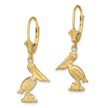 14k Yellow Gold 3D and Textured Pelican Standing Dangle Earrings