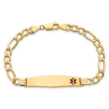 14k Yellow Gold Medical Soft Diamond Shape Red Enamel Figaro Link ID Bracelet
