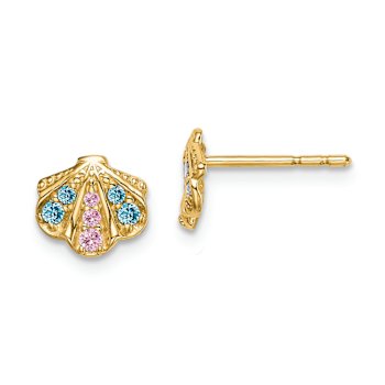 14k Yellow Gold Children's Blue and Pink Cubic Zirconia Seashell Stud Earrings