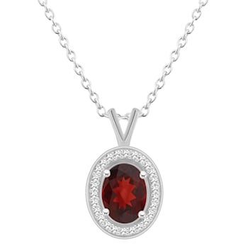 8x6mm Oval Garnet 1/8 ctw Diamond Rhodium Over Sterling Silver Halo
Pendant with Chain