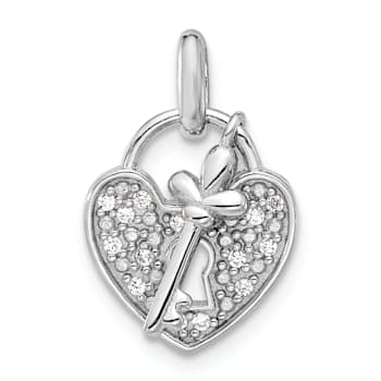 Rhodium Over Sterling Silver Cubic Zirconia Key and Heart Pendant