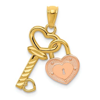 14K Two-tone Diamond-cut Heart Lock and Key Pendant