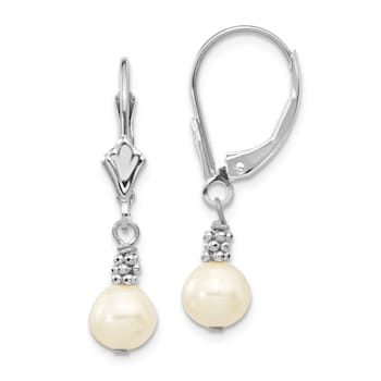 Rhodium Over 14K White Gold 5-6mm White Semi-round Freshwater Cultured
Pearl Leverback Earrings