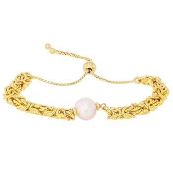 Cultured Freshwater Pearl Bolo Bracelet In 18K Gold Over Bronze 9-10mm