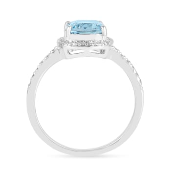 Cushion Swiss Blue Topaz with Moissanite Accents Rhodium Over Sterling
Silver Halo Ring 1.75ctw